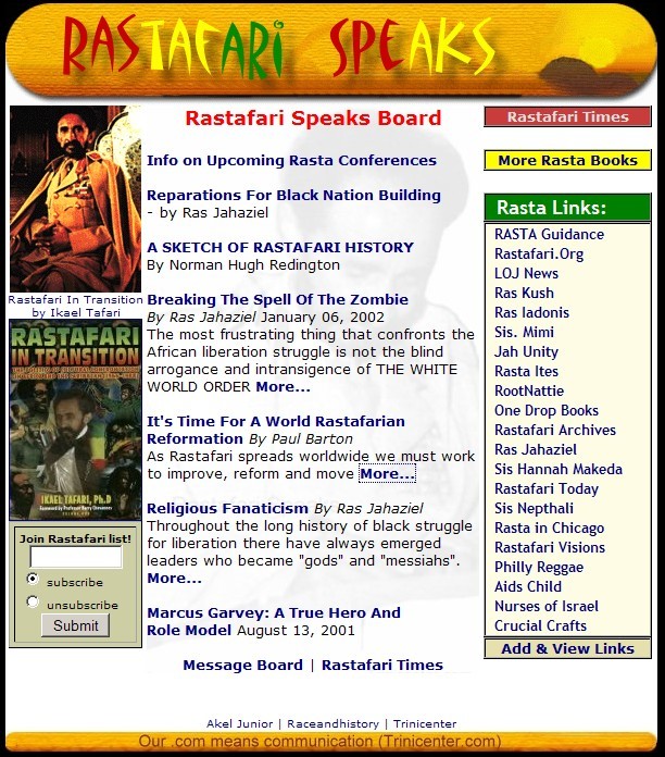 A snapshot of Rastafari Speaks on Trinicenter.com in the year 2001