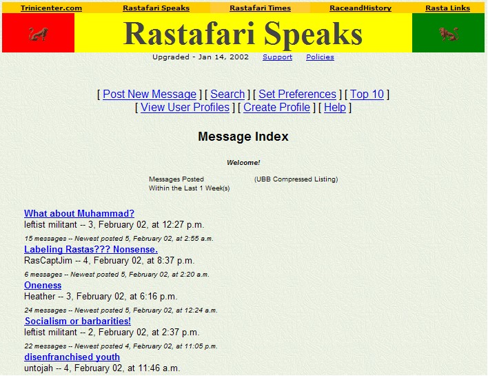 A snapshot of Rastafari Speaks Message Board in 2002 - Pt 1