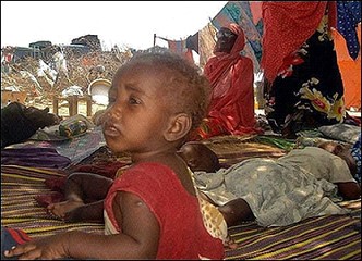 This family, 22km from Mogadishu in Lafoole, are living in the open air